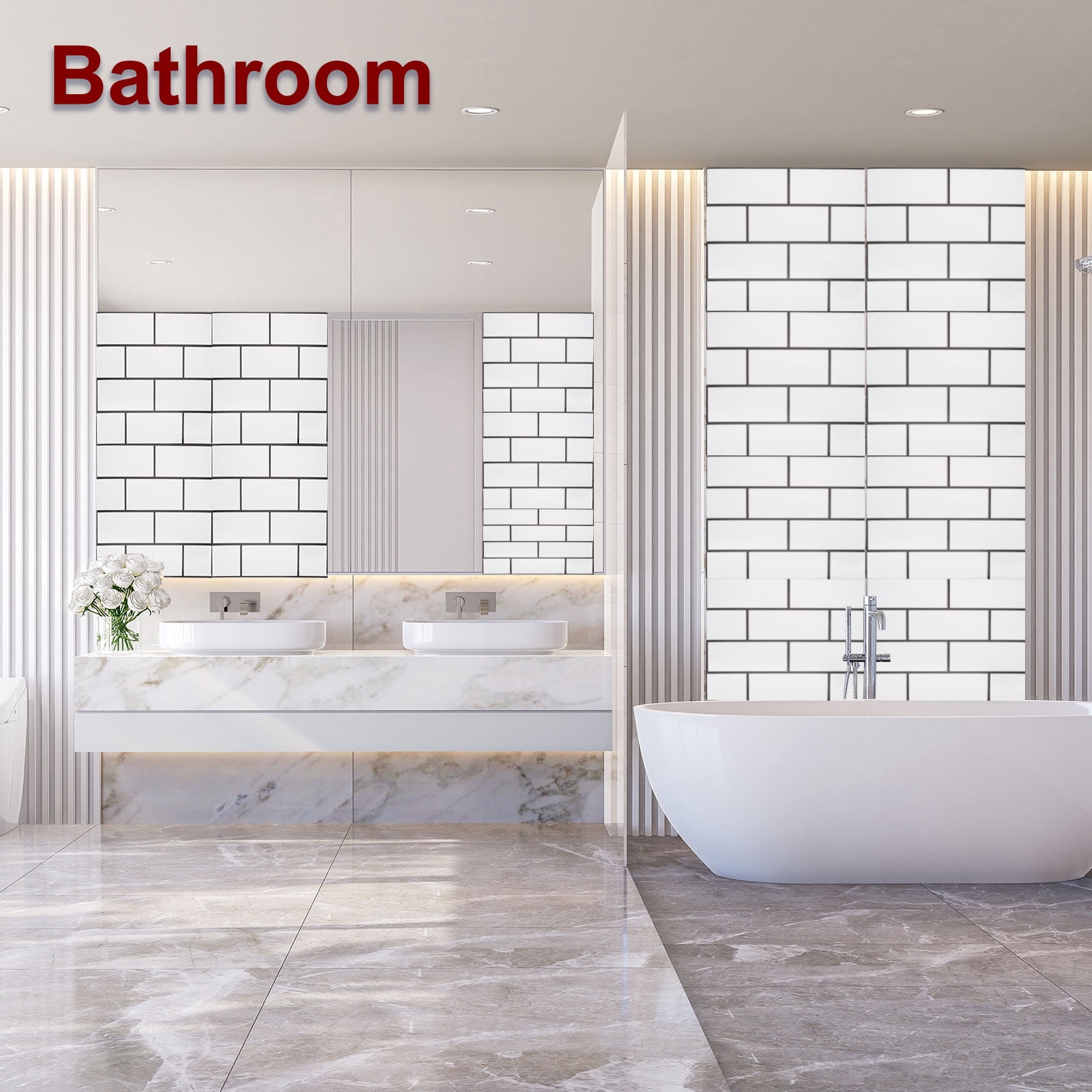 Uxcell 20Pcs Peel and Stick Marble Tiles, Waterproof Wall Panel Backsplash, 12"x12" Peel and Stick Shower Tiles for Bathroom, White Brick Design