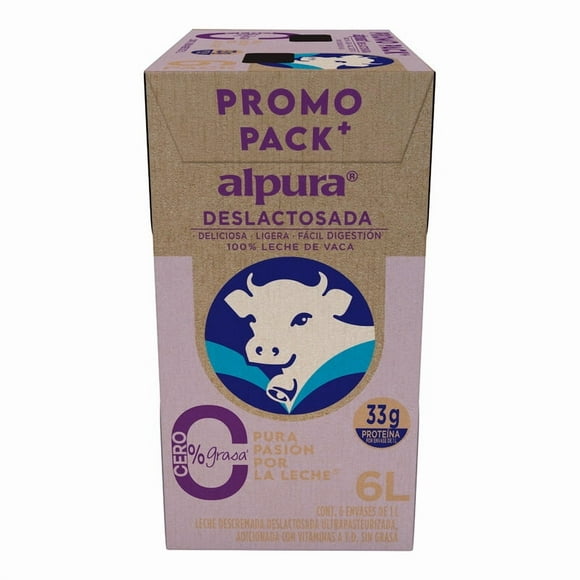 Leche Alpura Deslactosada 0% grasa 6 pack 1 L c/u