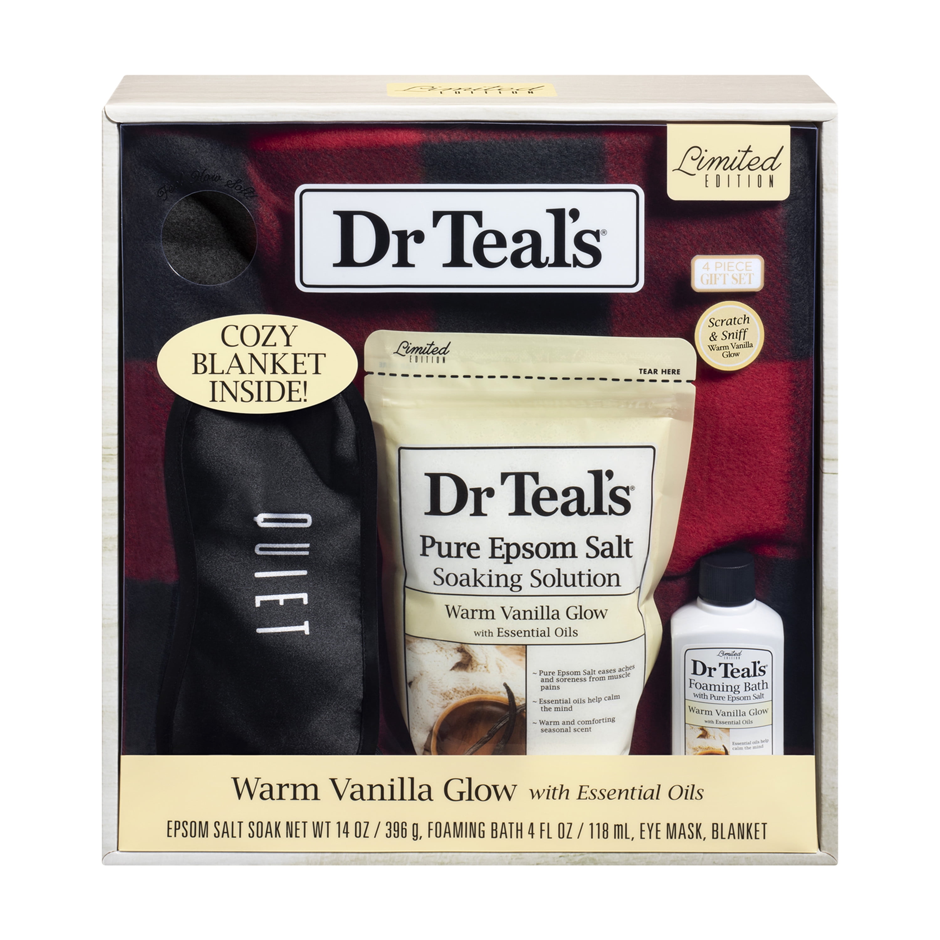 Dr Teals Warm Vanilla Glow Bath Gift Set with Blanket, 4 Piece