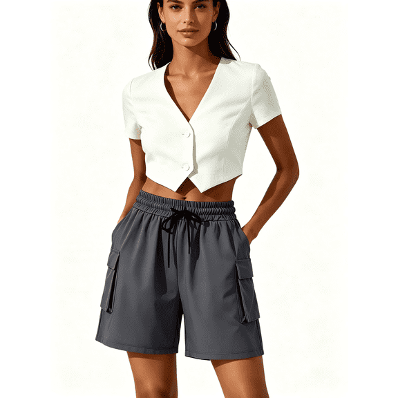 Zynoxe Cargo Shorts for Women Wtih Pockets Casual Solid Color Straight Leg Shorts Adjustable Drawstring Waistband Summer Shorts Versatile Mid-Thigh Length Outdoor Hiking Shorts S
