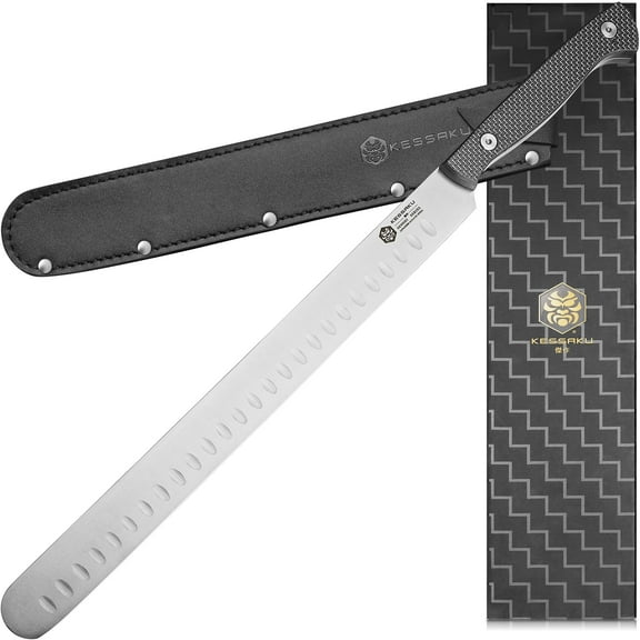 Kessaku Carving Knife - 12 inch - Senshi Series - Razor Sharp - Granton Edge - Forged Japanese AUS-8 High Carbon Stainless Steel - Carbon Fiber G10 Handle with Sheath