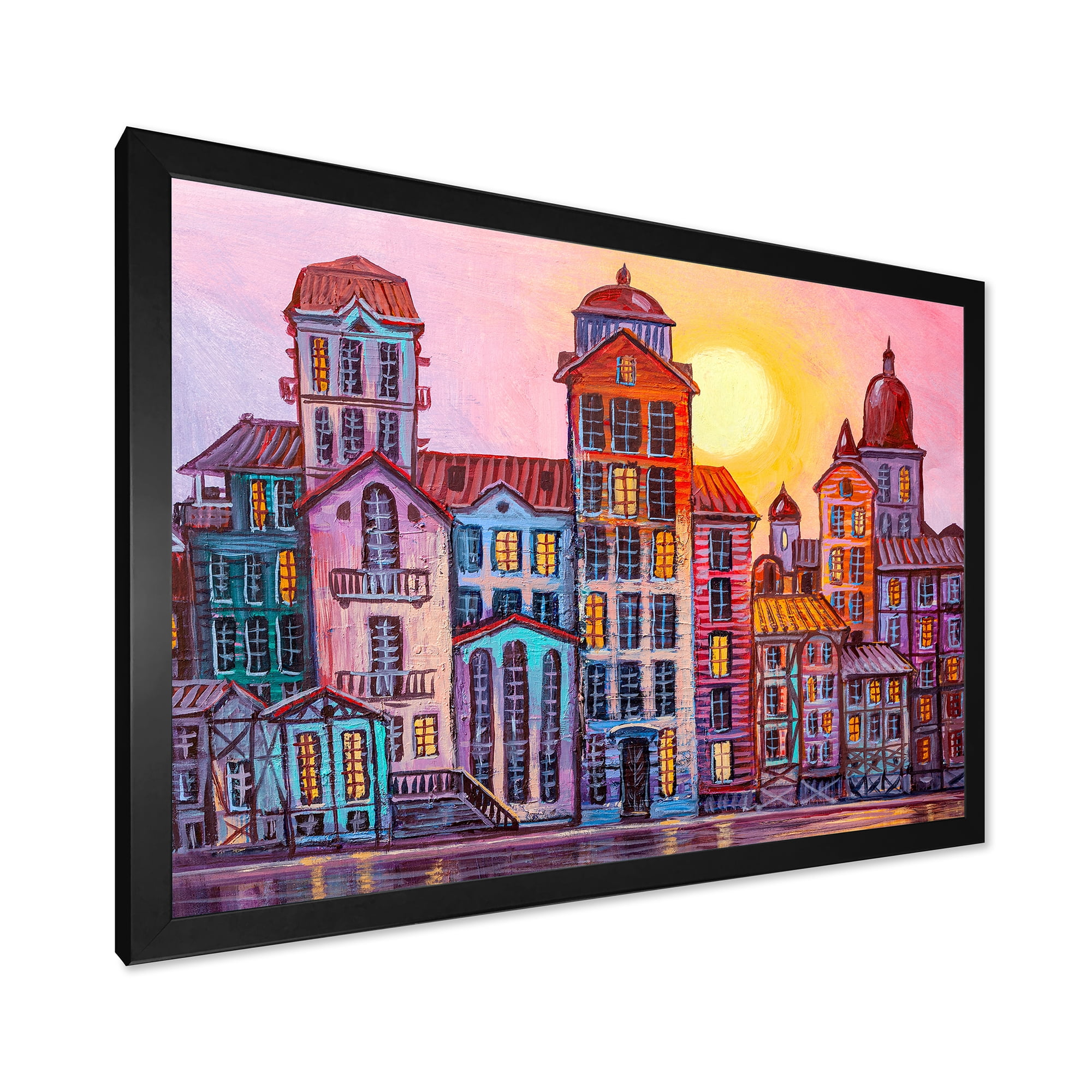 Designart 'Afternoon Street Scene In Old Town With Colorful Buildings' Mid-Century Modern Framed Art Print