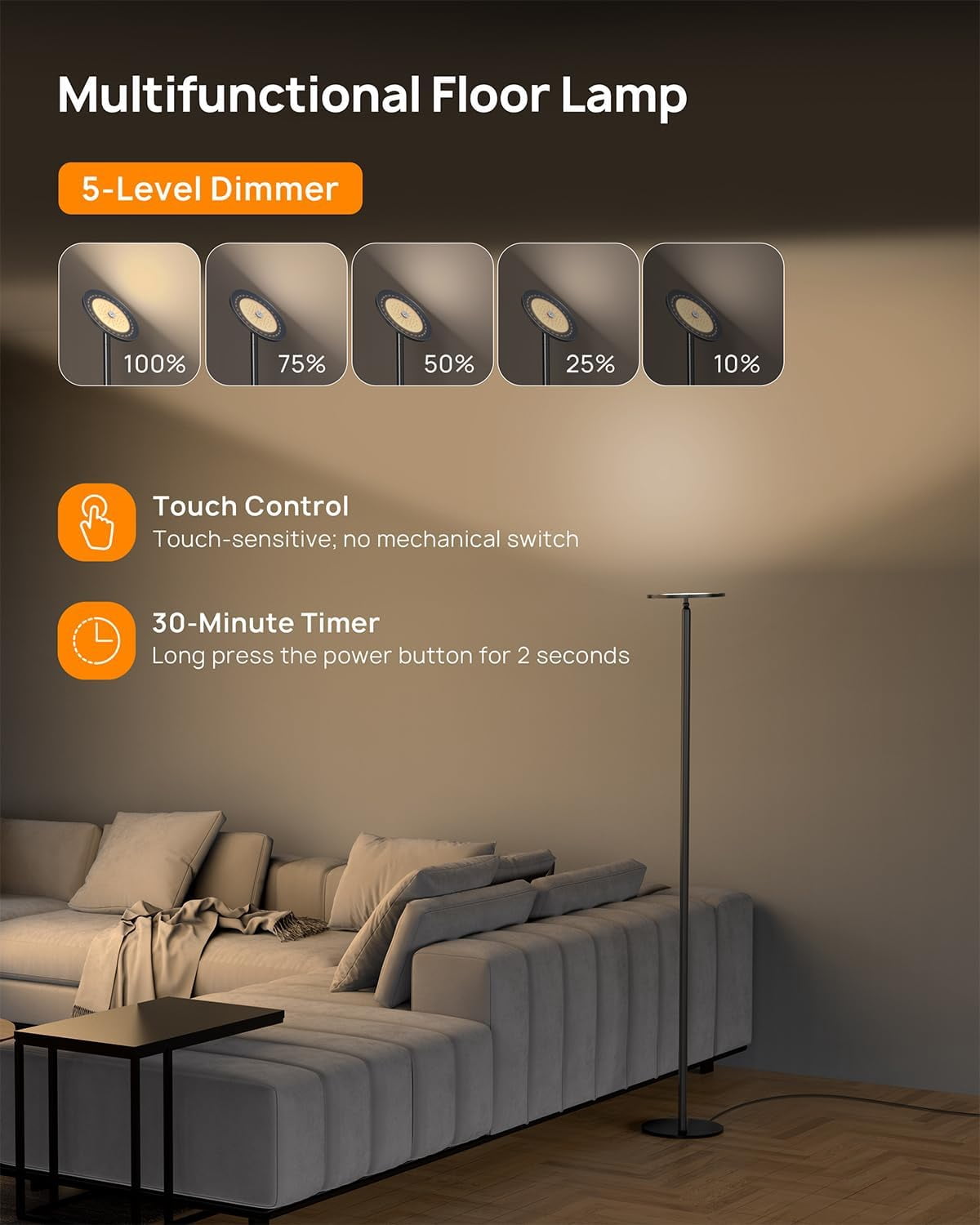 TROND LED Torchiere Floor Lamp, Dimmable 30W, 3000K Warm White Light Max.5000lm, 5-Level Black