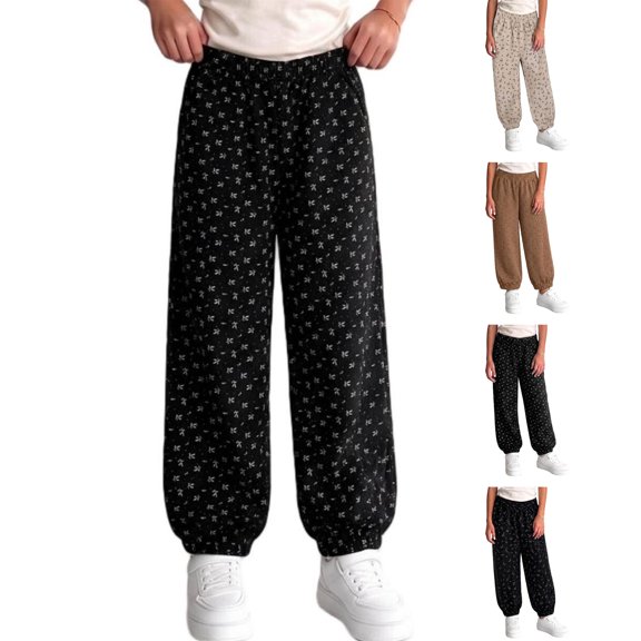 WAVSUF Girls Floral Joggers Elastic Waist Lightweight Loose Fit Fall Lightweight Cute Pants Black 7-8