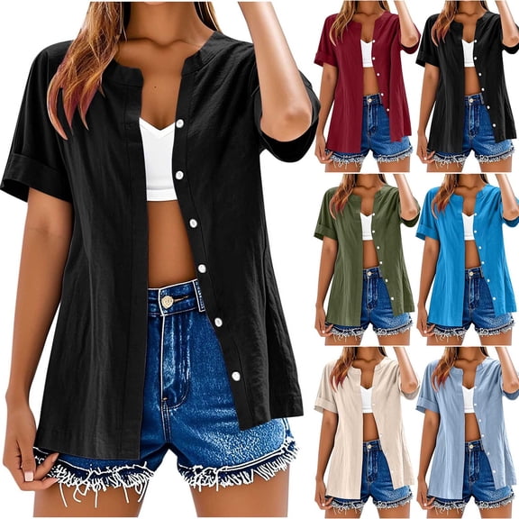 Women's Short Sleeve Button Down Cardigan Shirts Blouses for Casual Business Casual Work Office Vacation Outfits Fashion Essential Gift for Women | Sopatenor,Army Green XL