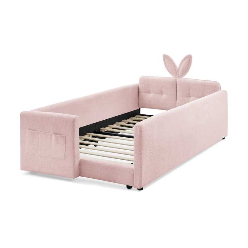 Twin Size Upholstered Platform Bed with Rabbit Ear Headboard, Kids Floor Bed with Storage Pocket & Safety Guardrail, No Box Spring Required