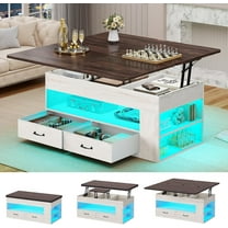 Itaar Lift Top Coffee Table, 4 in 1 Coffee Tables with Storage and Hidden Compartment, Farmhouse Coffee Table with 2 Fabric Drawers & LED Light for Living Room, White
