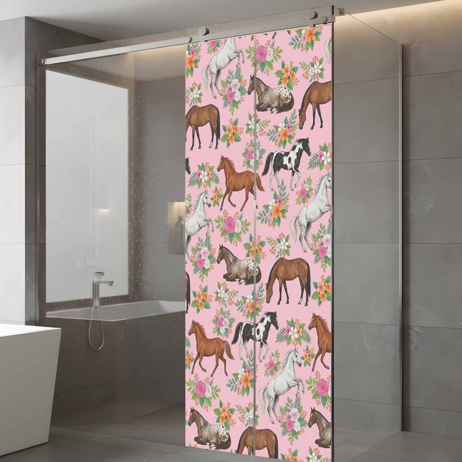 Horses Animal Window Privacy Film, Orange Flower Roses Leaf Pink Background Frosted Glass Window Clings Static Cling UV Heat Blocking Reusable Door Sticker for Bathroom 23.6 x 59 Inch