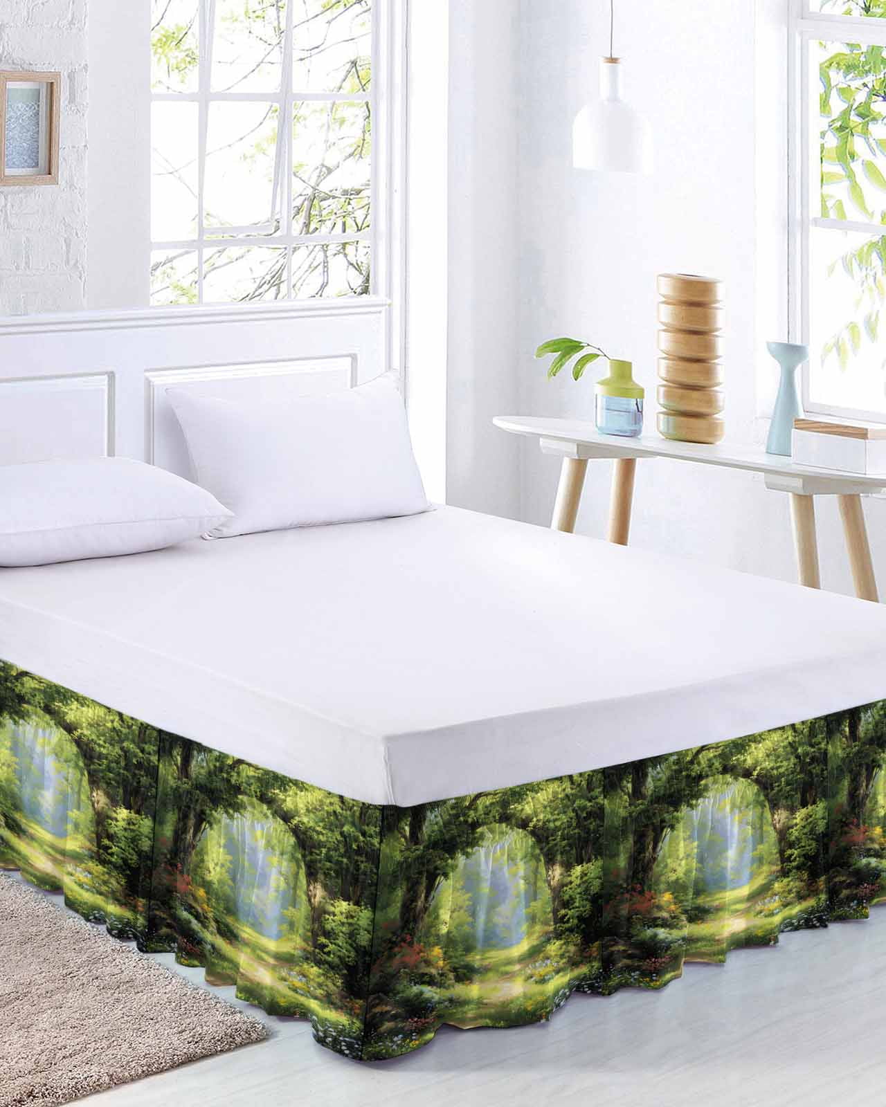 Spring Forest Bed Skirt Queen Size 16 Inch Drop, Spring Green Trees Floral Grass Plant Forest Adjustable Elastic Dust Ruffles Bedskirt for Queen Bed Wrap Around Pleated Mattress Frame Cover