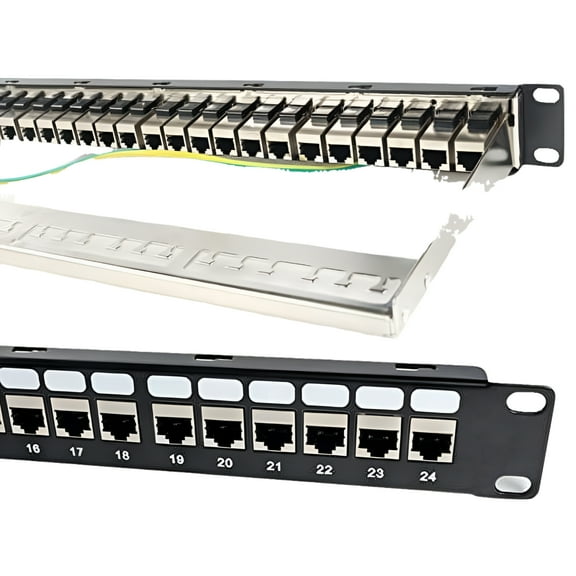 Detroit Packing Co. 24 Port CAT6A RJ45 Through Coupler Patch Panel with Back Bar, Wallmount or Rackmount, Compatible with Cat5, Cat5e, Cat6, Cat6A, UTP STP Cabling (CAT6a Shielded, 24-Port)