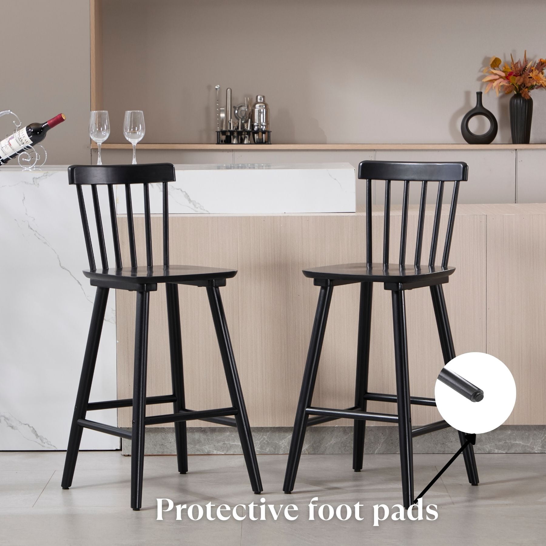 Dayalane Windsor Bar Stools Set of 2, 26" Farmhouse Wooden Counter Height Barstools with Spindle Back & Footrest, Armless Kitchen Island Stools for Bistro, Pub, Breakfast Bar,Black