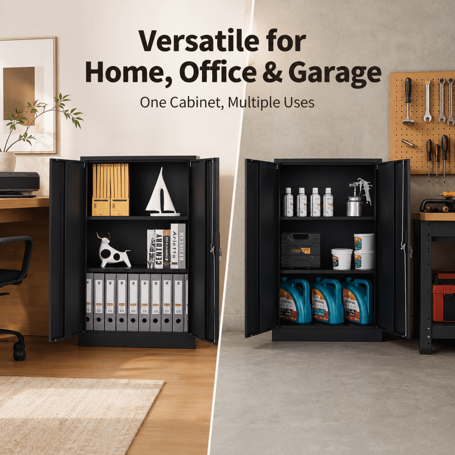 Miniyam Foldable Storage Cabinet with Doors, Handle Lock and Adjustable Shelves for Home Office