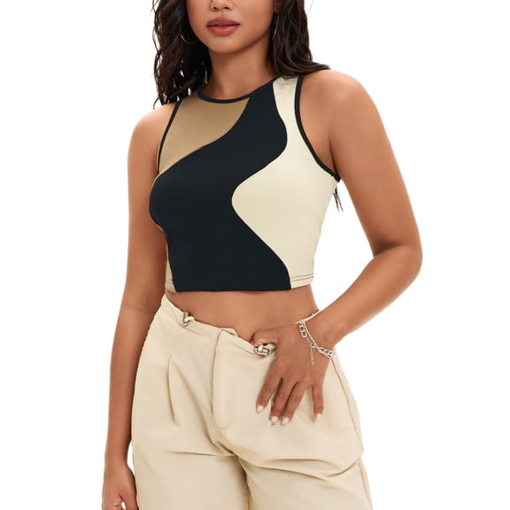 ATHLECHIC Women's Ribbed Summer Color Block Sleeveless Crew Neck Crop Basic Going Out Tank Tops S Black Brown