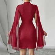 SwiftWear Women's Mock Neck Chiffon Cloak Sleeve Knit Sparkly Mini Dress Elegant Shift Glitter Bodycon Dress Going Out Cocktail & Party Dresses, Red