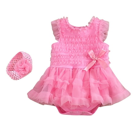 

HMOONORY Baby Girls Strap Solid Gauze Bow Ruffled Romper Bodytsuit Dress