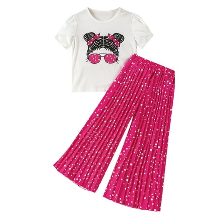 

Kids Girl s Two Piece Outfits Tops Short Sleeve T Shirt Figure Graphic Tee And Pants Sets