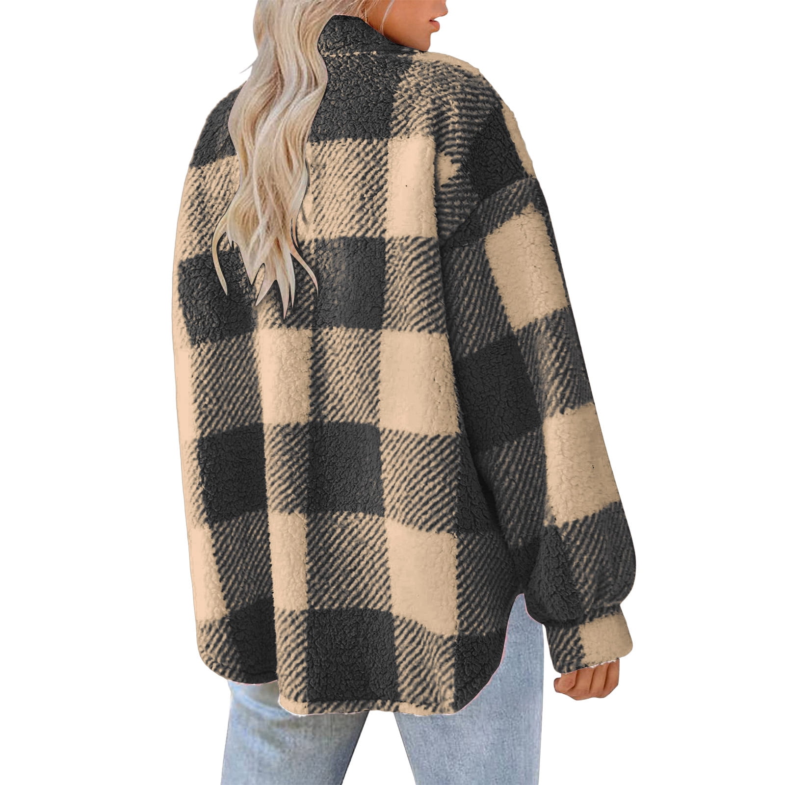 nerohusy Shackets for Women 2024 Winter Warm Fuzzy Fleece Sherpa Plaid Shirt Jackets Plus Size Button Down Long Sleeve Coats Black,L