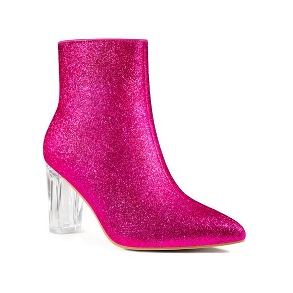 Perphy Clear Block Heel Sparkly Glitter Ankle Boots for Women Hot Pink (Size 9)