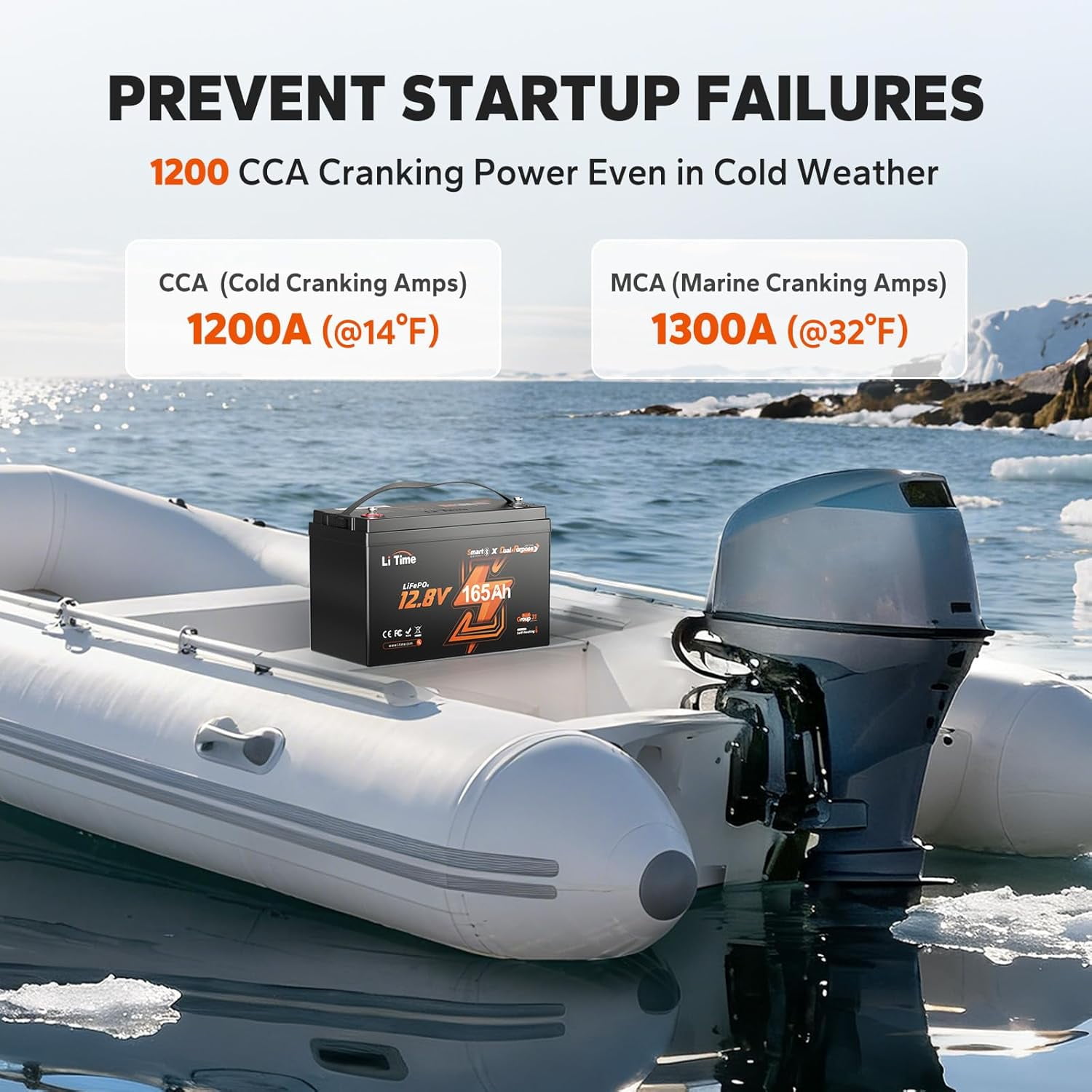LiTime 12V 165Ah Dual Purpose Lithium Marine Starting & Storage Battery (1200CCA), Group 31 Deep Cycle LiFePO4 Cranking Battery for Boat, Compatiable with Mercury, Honda, Suzuki, Evinrude