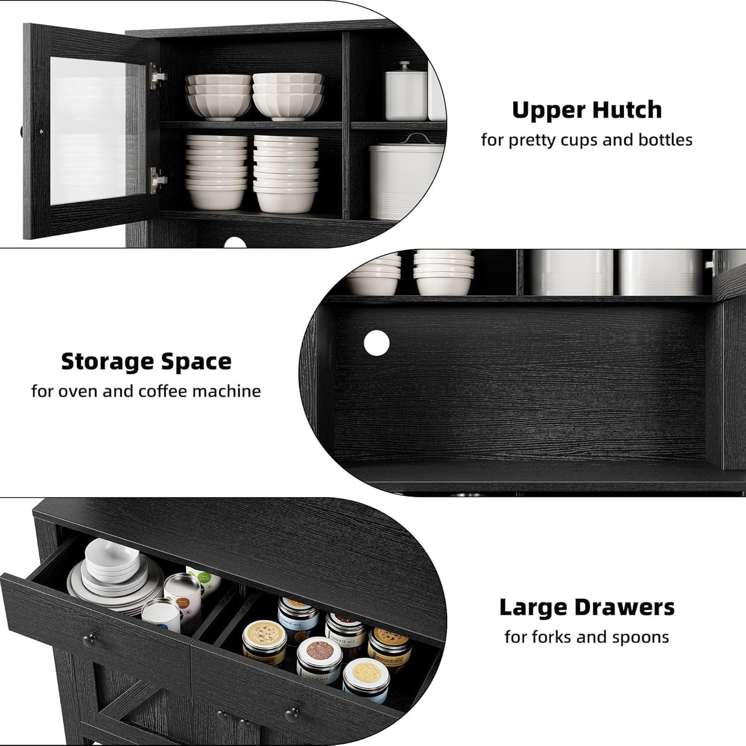Kitchen Pantry Cabinet with Microwave Stand, Freestanding Hutch Cabinet with Buffet Cupboard, Tall Storage Cabinets with Adjustable Shelves for Kitchen, Dining Room