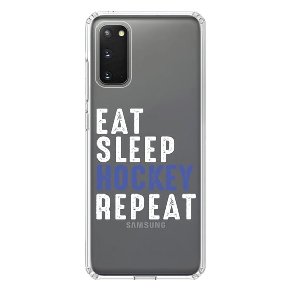 DistinctInk Clear Shockproof Hybrid Case for Galaxy S20 ULTRA / 5G (6.9" Screen) - TPU Bumper Acrylic Back Tempered Glass Screen Protector - Eat Sleep Hockey Repeat