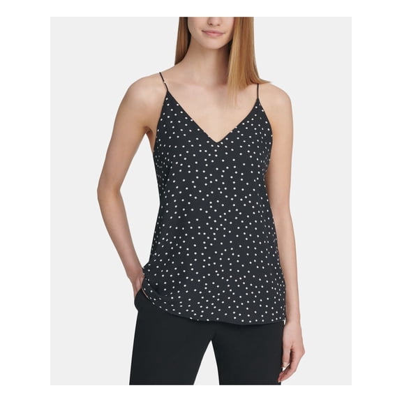 DKNY Womens Black Polka Dot Spaghetti Strap V Neck Tank Top Petites Size: PXL