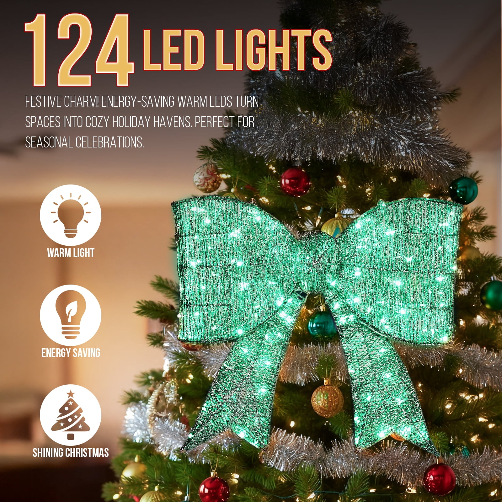 Astoutdoor Pre-Lit Outdoor Giant Bowknot Christmas Decoration, Lighted Metal Frame with 124 Green LED Lights, Green