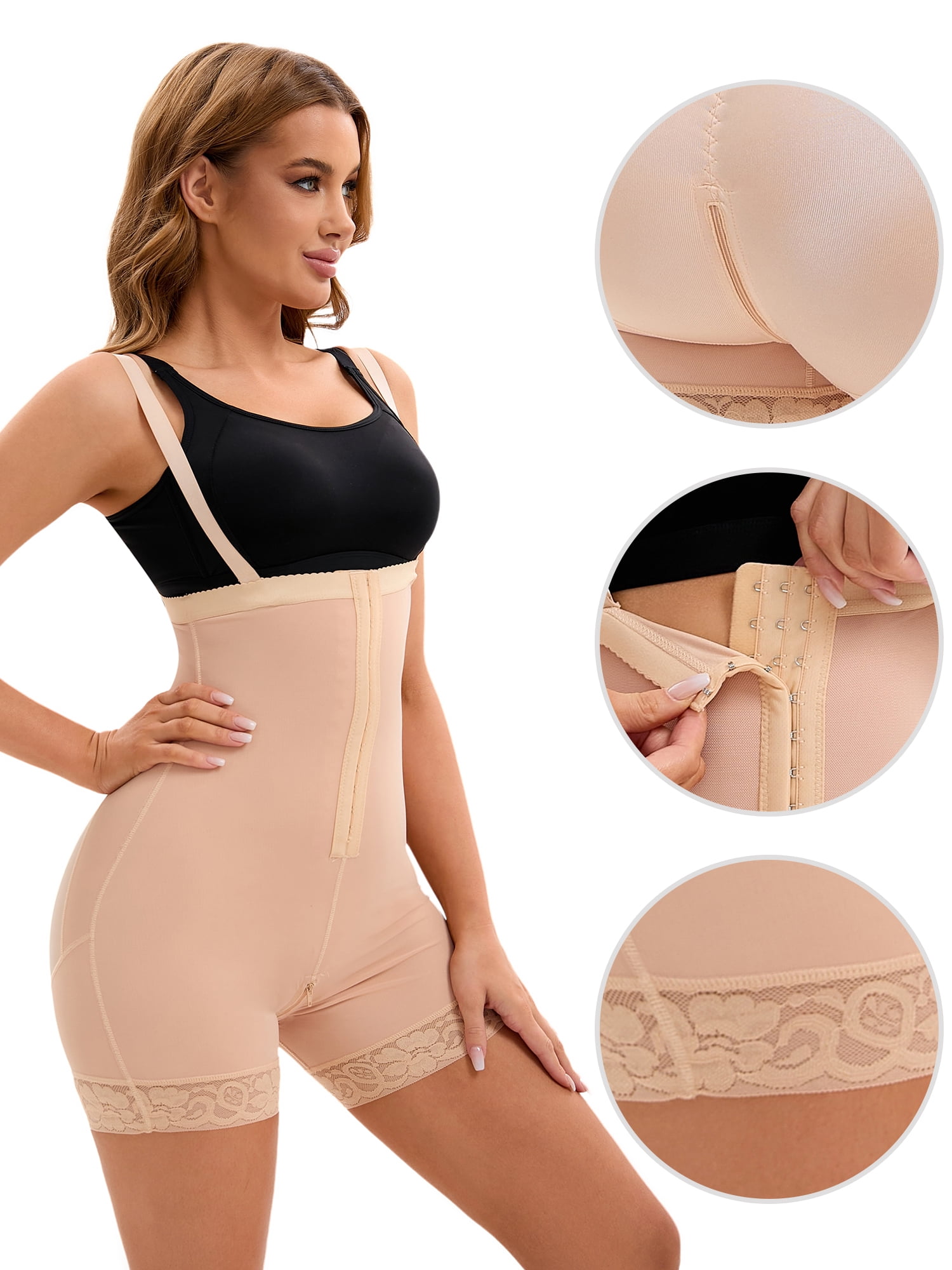 DARING DIVA Women's Cami Front Hook Thigh Slimmers Shapewear Bodysuits Beige L