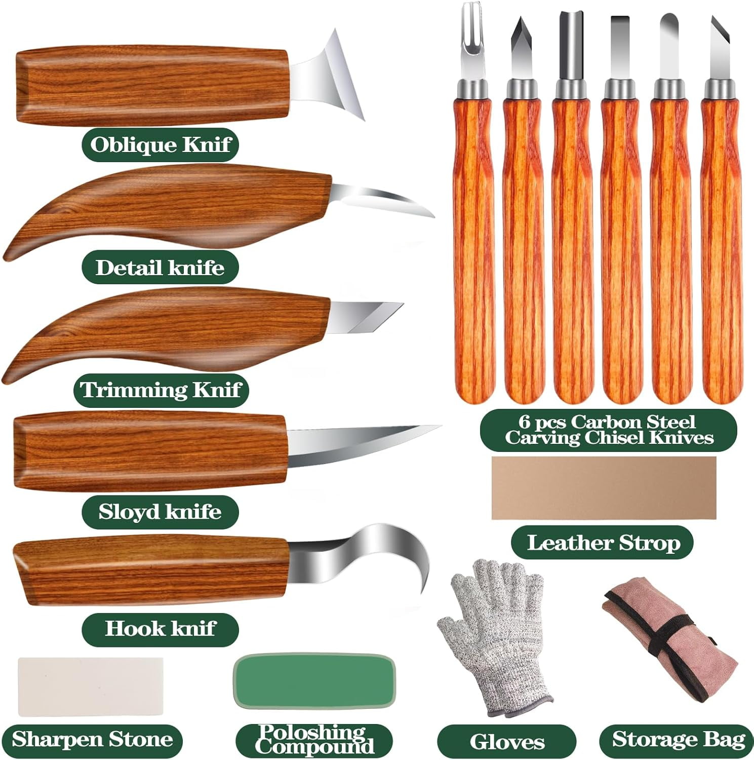 Wood Carving Kit 16PCS, Whittling Knife Set with Gloves, Sharpening Stone & Storage Bag, Wood Carving Tools for Beginners and Adults DIY