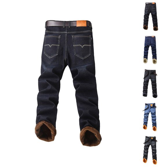 Lined Jeans Men 2026 Fall Winter Thick Straight Leg Business Casual Denim Pants Jean Pants with Pockets Trousers