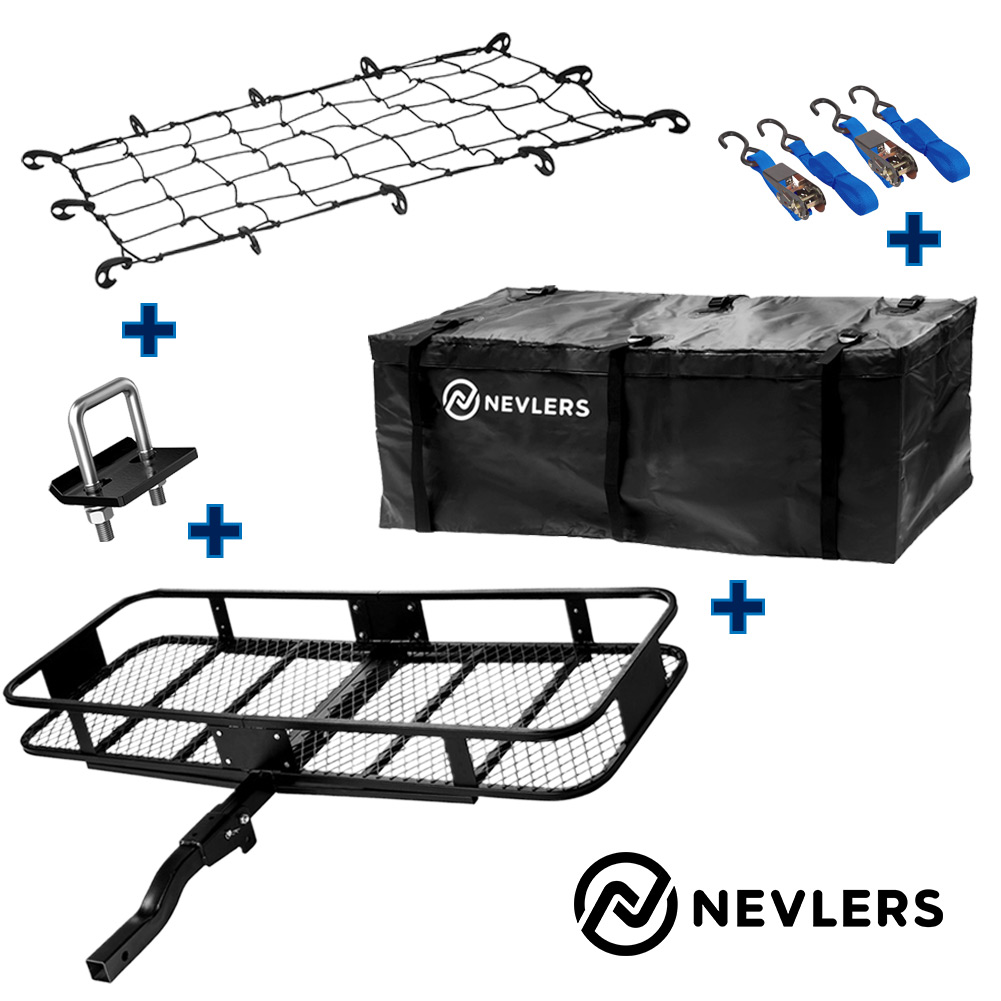 Nevlers Folding Hitch Mount Cargo Carrier with 2 Blue Ratchet Straps, Cargo Storage Bag & Net
