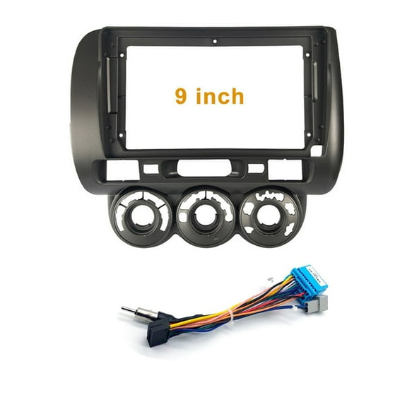 9'' Car Radio Stereo Dash Frame Fascia Bezel Panel w/Power Harness Cable Compatible for Honda Fit Jazz 2004~07 LHD