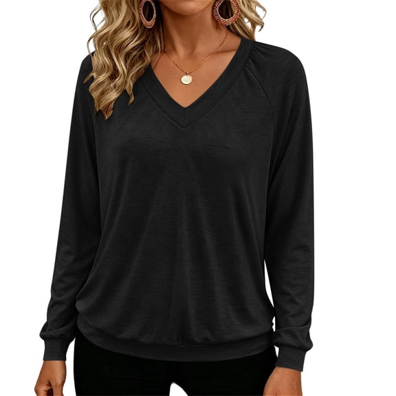 Vivianyo HD Women's V-neck Raglan Pullover Tops, Cuffed Long Sleeve Soft Knit Casual Shirts for Women, Women's Black, Sizes S-2XL