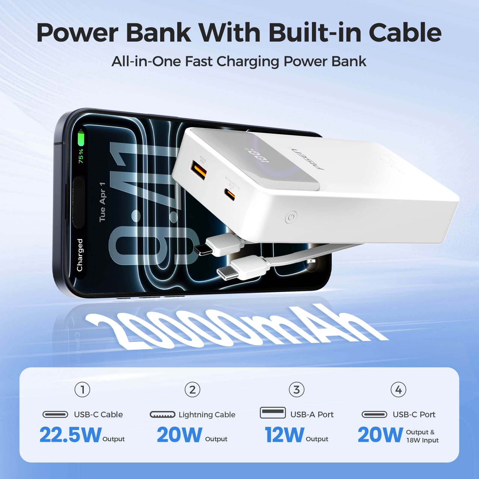 PISEN 20000mAh Portable Charger, 22.5W Fast Charging Power Bank with 2 Built-in Cables, LED Display Battery Pack for iPhone, Samsung, Android Devices, Travel