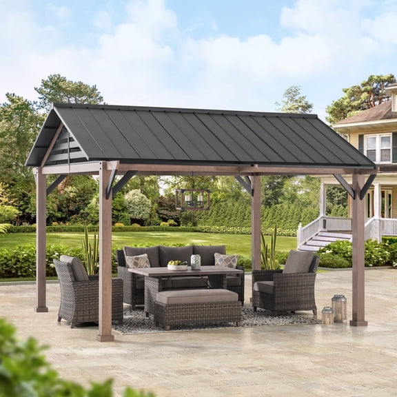 Sunjoy Hardtop Gazebo 13 x 13 ft. Outdoor Galvanized Steel Gazebo with Metal Gable Roof and Ceiling Hook, Suit for Patio and Backyard, Black