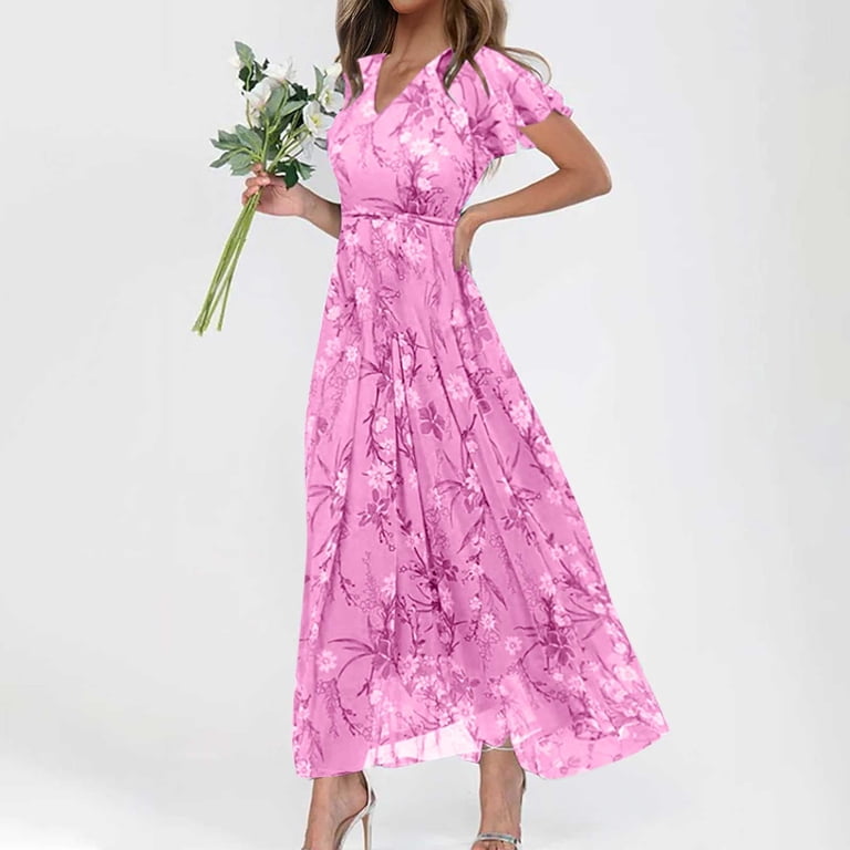JYLPZYR Petite Summer Dresses For Women Women'S Fashionable Summer Casual  Floral V Neck Short Sleeved Long Dress Long(Pink,S) - Walmart.com