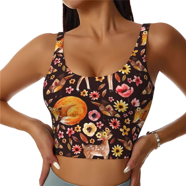 Fotbe Woodland Creatures Floral Sujetador Deportivo Largo sin Aros para Mujer con Almohadillas y Soporte Medio, Transpirable y Absorbente, Camiseta Tipo Chaleco o Tank Top-Large