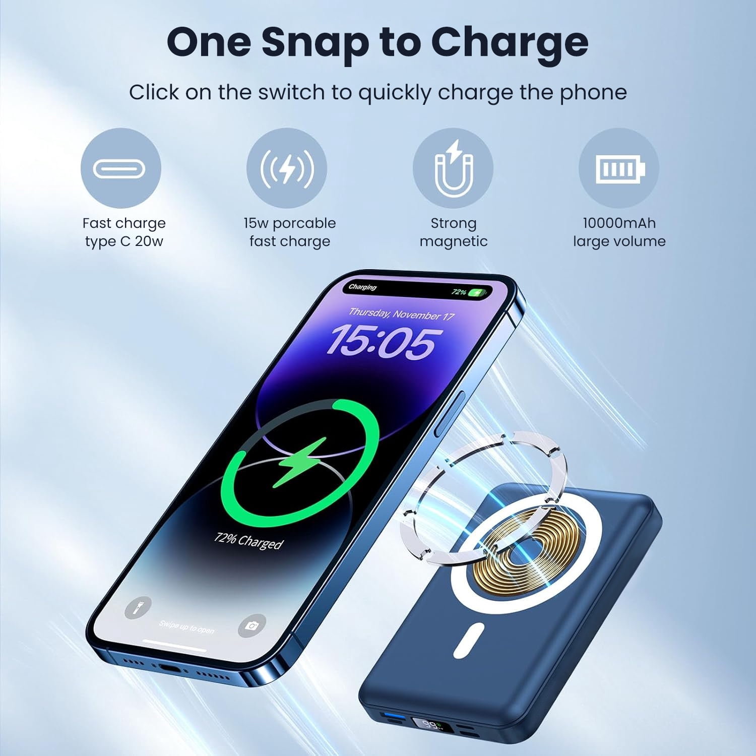 GASYESOY Portable Charger,10000mAh 20W Power Bank,Built-in Cables Fast Charging,with LED Display for iPhone 16/15/14/13/12 and Android,Blue