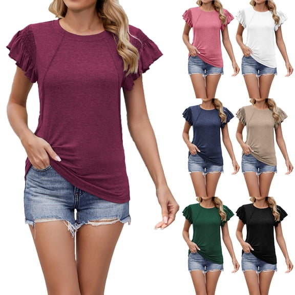 TAGOLD Summer Casual Tops,Plus Size T-shirt Blouse for Womens, Women's Spring And Summer Fashionable Ruffled Short Sleeved Round Neck,Short Sleeve Round-Neck Blouses & Shirts