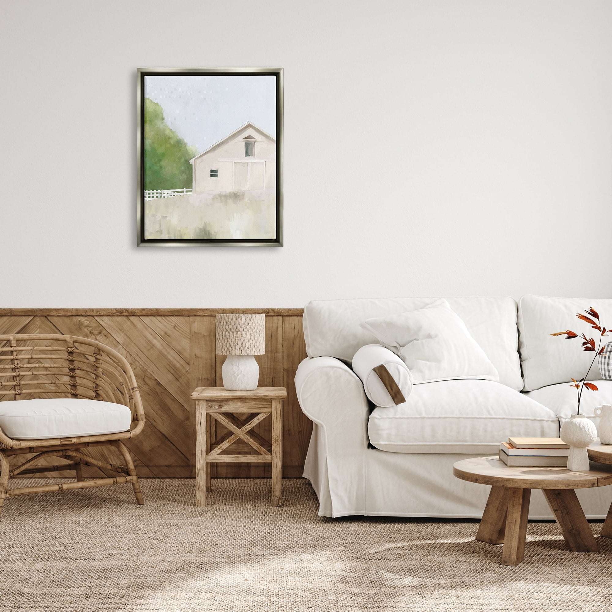 Stupell Industries Abstract Country Field Fenced Farmland Barn Painting Luster Gray Floating Framed Canvas Print Wall Art, Design by Amy Hall
