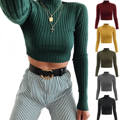 Nituyy Frauen Rollkragen Crop Tops Langarm Plain Short Stretch T Shirts Lot Walmart Com Walmart Com