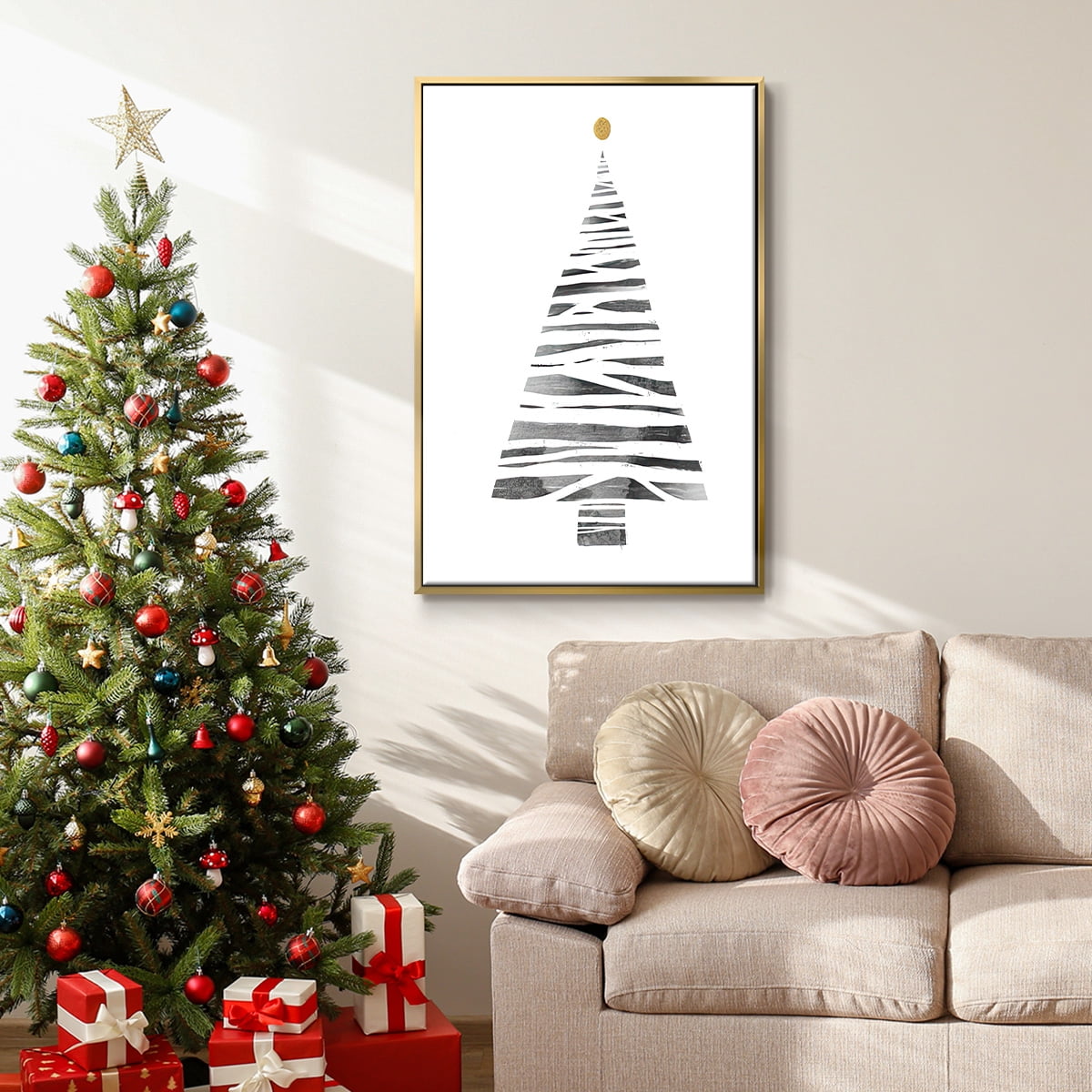 Christmas Tree I - Framed Gallery Wrapped Holiday Canvas - 17 x 25 - Gold Frame