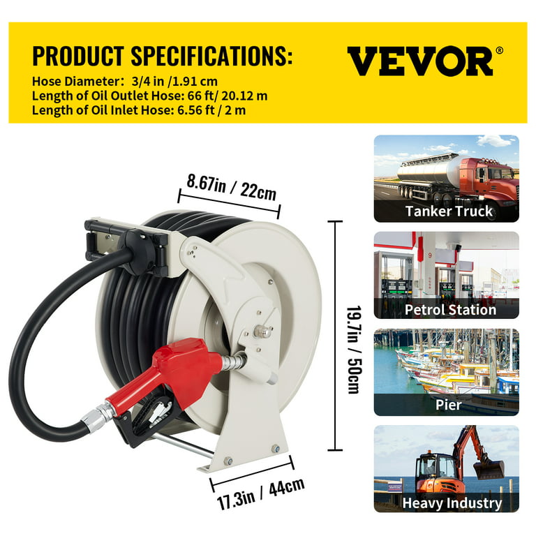 VEVOR Fuel Hose Reel, 3/4 x 66' Extra Long Retractable Diesel Hose Reel,  Heavy-duty Steel Construction with Automatic Refueling Gun, Rubber Hose  Used for Aircraft Ship Vehicle Tank Truck 