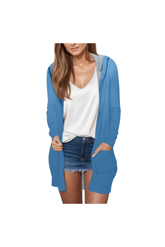 Women's Cardigan Fall Long Sleeve Open Front Hooded Outfits Trendy Solid Plus Size Jacket with Pockets