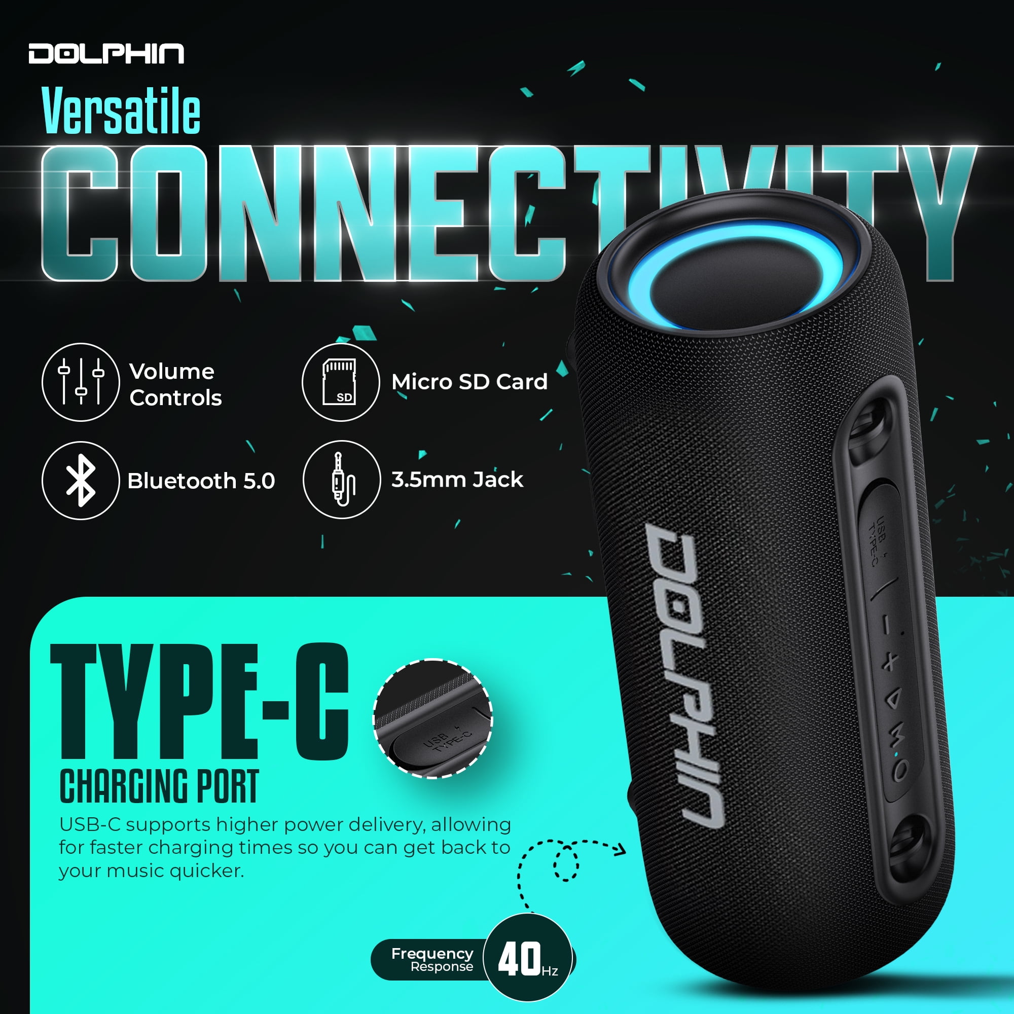 Dolphin LX-30 Waterproof Bluetooth Speaker, 26W Loud Portable Boombox, Water Resistant IPX5, Long-Lasting Battery, Bass, 5.3, Pool, Shower, Beach, Outdoor w Shoulder Strap, Rechargeable