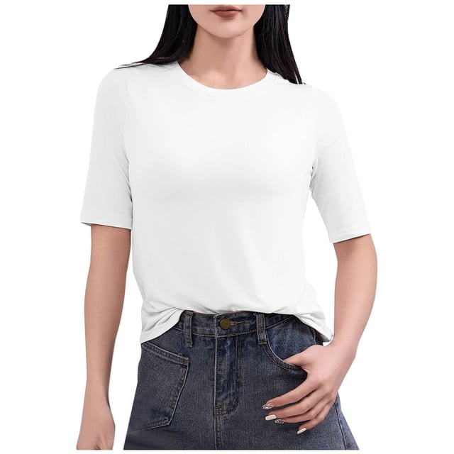 Tops de Manga Corta de Mujer Casual, Color Sólido Manga 1/2, Camiseta de Cuello Redondo