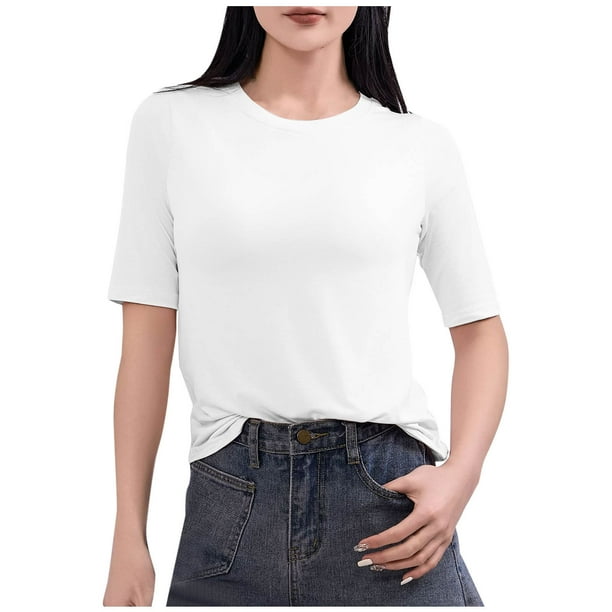 Tops de Manga Corta de Mujer Casual, Color Sólido Manga 1/2, Camiseta de Cuello Redondo
