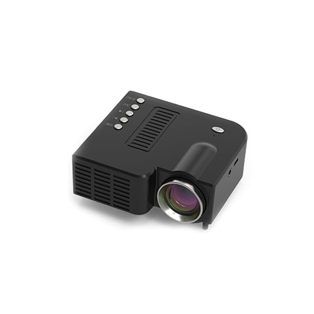 mini proyector led interfaz de hogar portátil de alto rendimiento con reproductor audio media av tf usb video con proyector portátil negro, vista frontal 3/4 con lente cilíndrica y anillo metálico, botones físicos en la parte superior y rejillas de ventilación laterales para disipación; carcasa ABS compacta 20×10×6 cm, entradas USB/TF/AV, salida de auriculares, potencia 5V/2A y proyección 10–60 pulgadas a 0.54–3.2 m. Ideal para ver películas o dibujos animados en casa; también suele usarse para viajes y campamento.