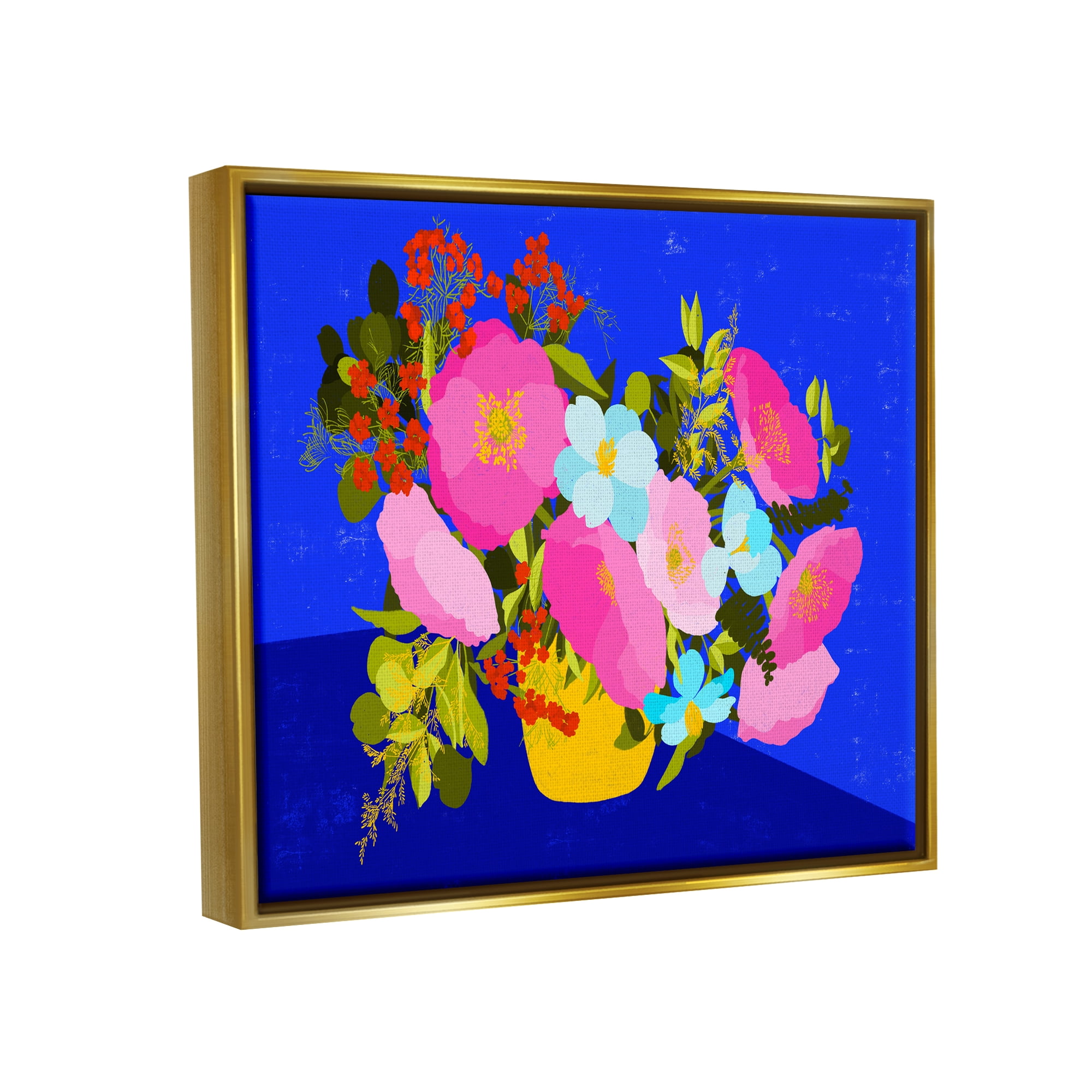 Stupell Industries Vivid Pink & Blue Bouquet Botanical & Floral Painting Gold Floater Framed Canvas Art Print Wall Art, 31 x 25