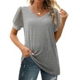 thumbnail image 2 of Blusas grises con cuello en V y mangas abullonadas, blusas casuales holgadas para mujer, estilo veraniego de talla XL, 2 of 6